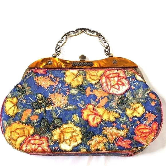 Vintage 1980’s Ornate Hand Beaded Tortoise Frame Handbag Floral Print Purse - Picture 1 of 12